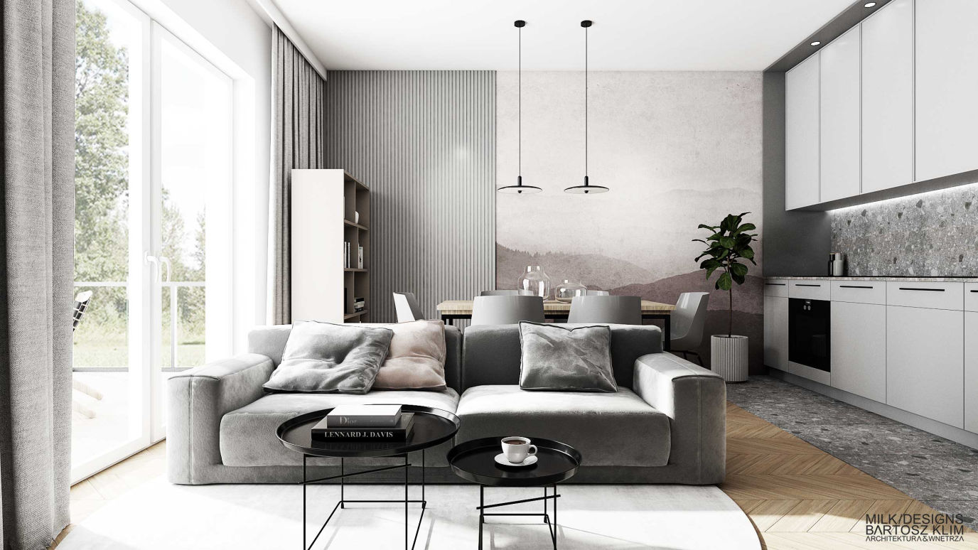 projekt wnętrza luksusowego apartamentu - salon z karmelową sofą - MILK DESIGNS PROJEKTOWANIE WNĘTRZ