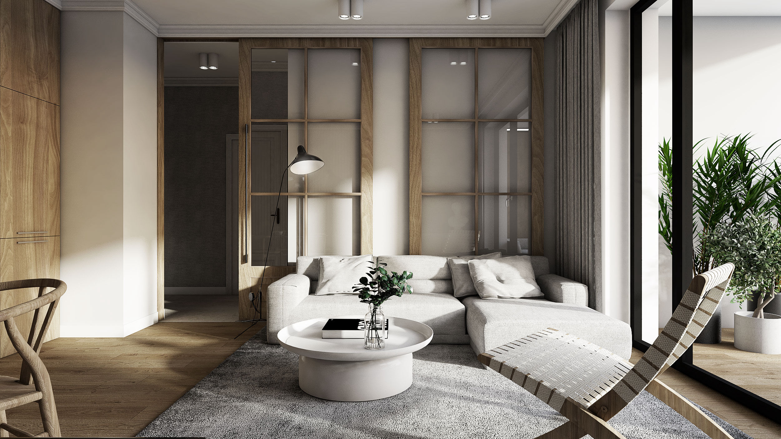 projekt wnętrza luksusowego mikro apartamentu w gdańsku salon z jasną kanapą w stylu skandynawskim mid-century modern