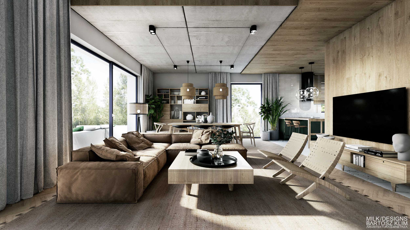 projekt wnętrza luksusowego apartamentu - salon z karmelową sofą - MILK DESIGNS PROJEKTOWANIE WNĘTRZ