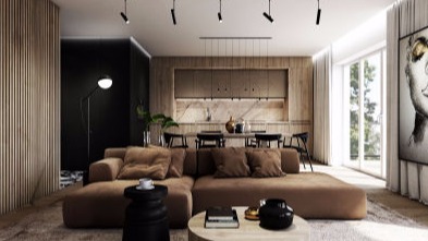 projekt wnętrza mieszkania apartamentu nowoczesny salon pokój dzienny łódź warszawa nowoczesne mieszkanie luksusowy apartament architekt wnętrz architektura projektowanie salon z beżową karmelową sofą karmelowa sofa