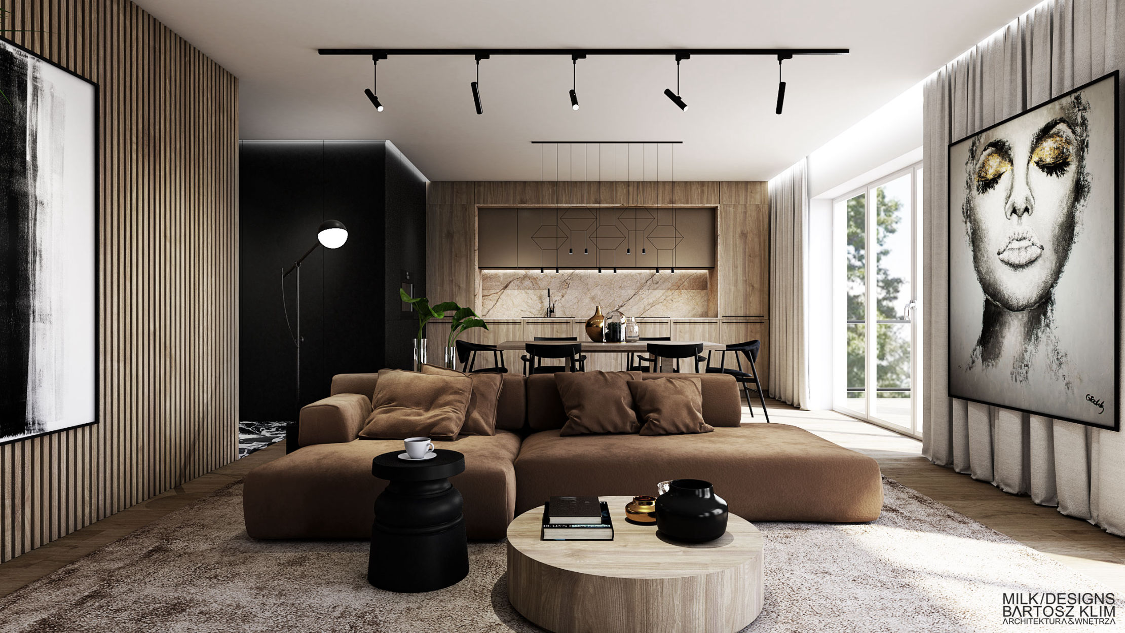 projekt wnętrza luksusowego apartamentu -salon z karmelową sofą - MILK DESIGNS PROJEKTOWANIE WNĘTRZ