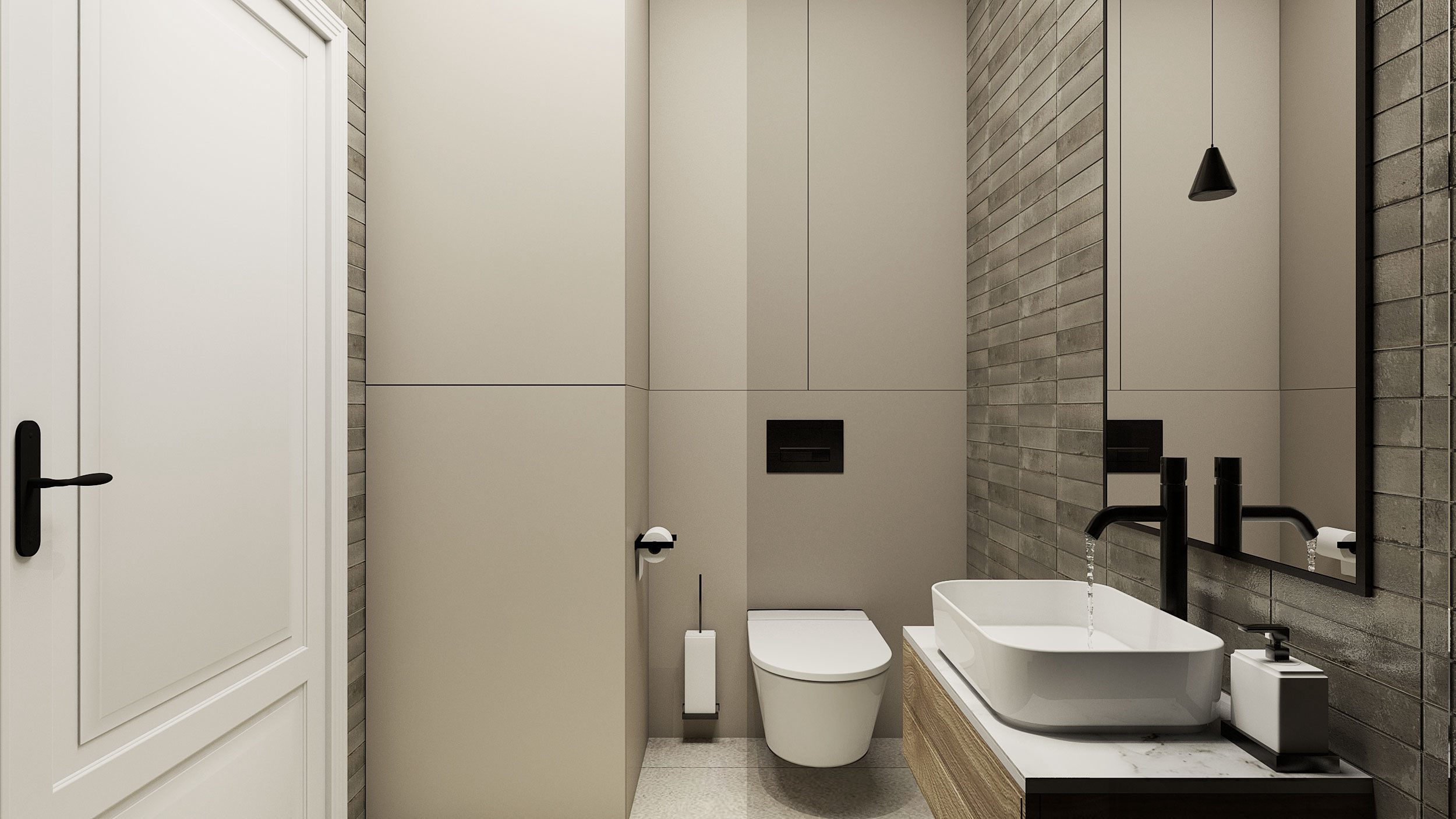 projekt wnętrza luksusowego mikro apartamentu w gdańsku łazienka z szarymi postarzanymi szkliwionymi kaflami subway w stylu skandynawskim mid-century modern zen