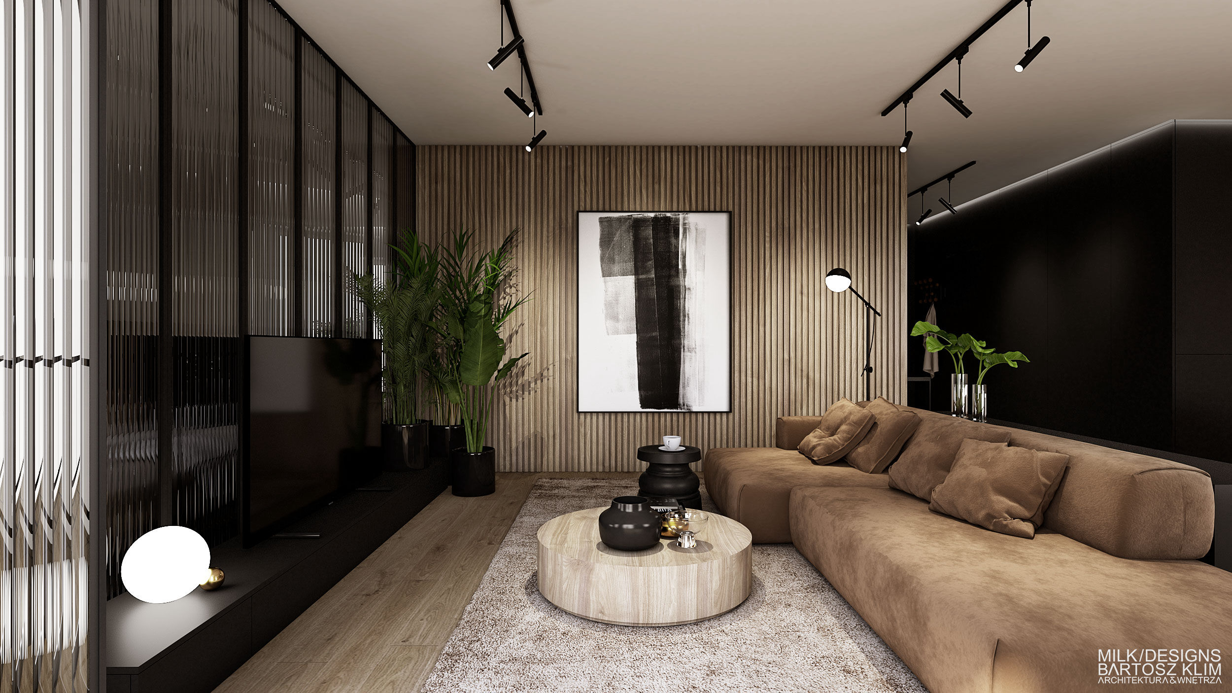 projekt wnętrza luksusowego apartamentu -salon z karmelową sofą i szklaną loftową ścianką działową - MILK DESIGNS PROJEKTOWANIE WNĘTRZ