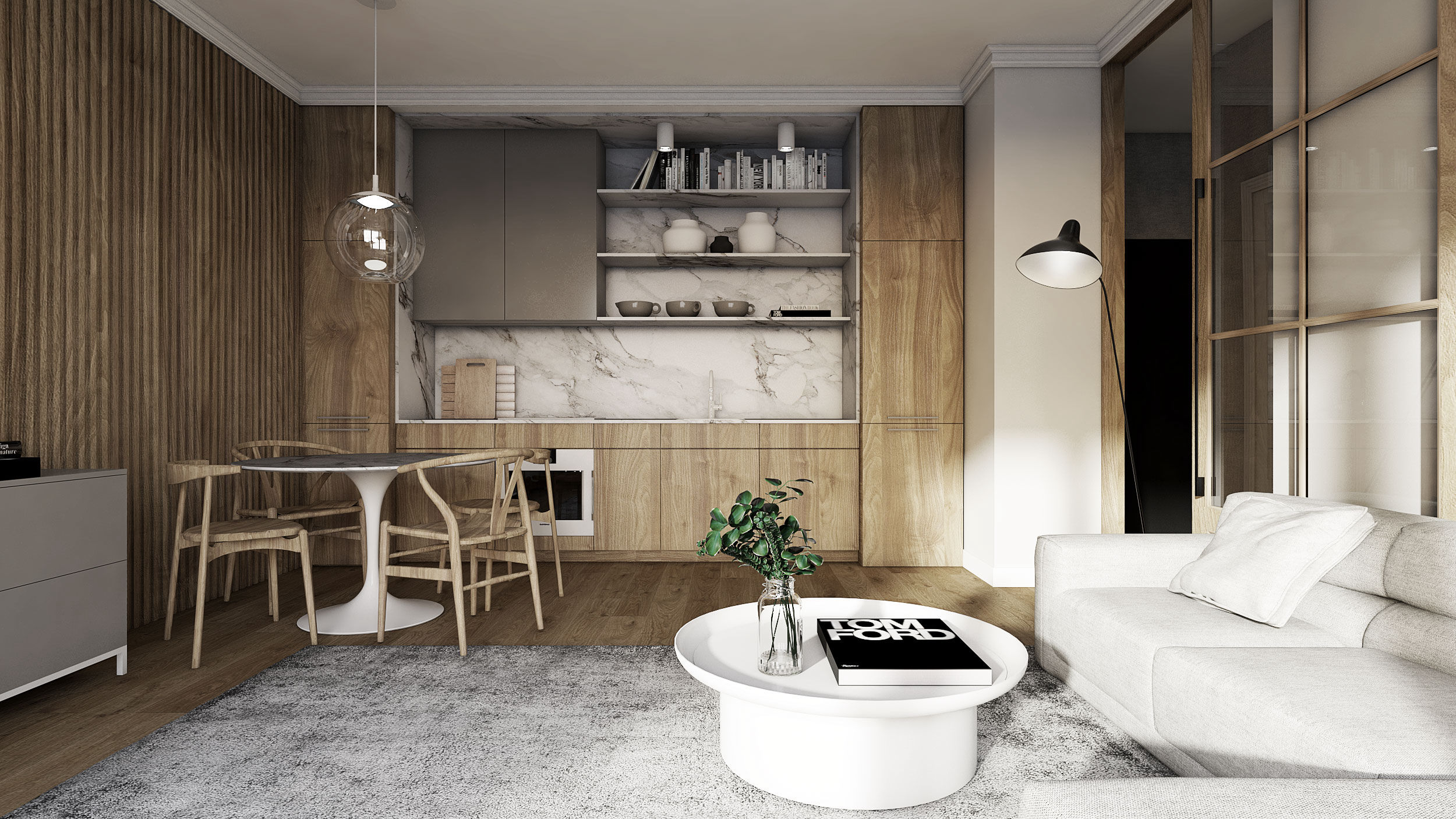 projekt wnętrza luksusowego mikro apartamentu w gdańsku z drewnianą kuchnią i małą jadalnią z białym okrągłym stołem w stylu skandynawskim mid-century modern