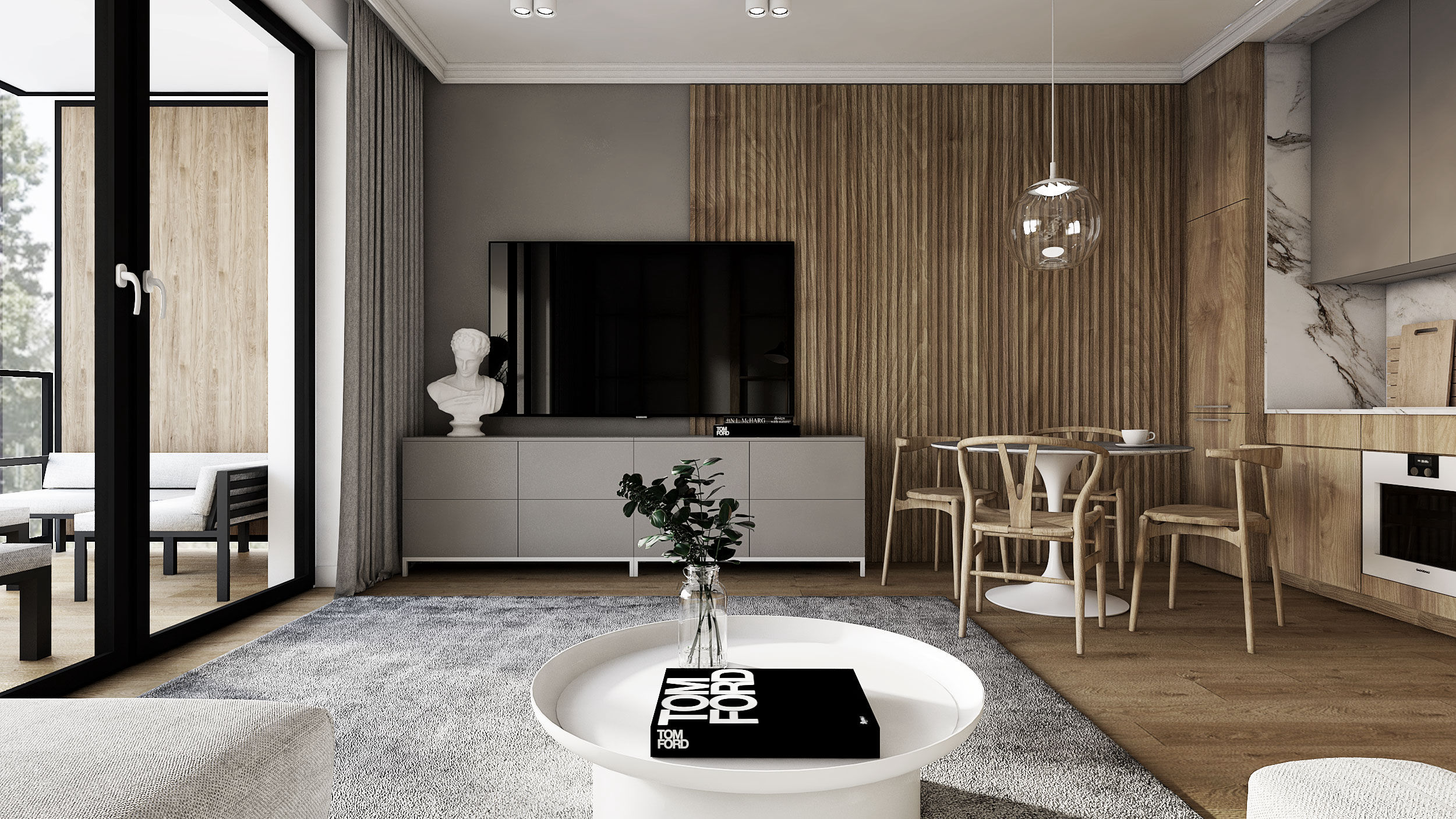 projekt wnętrza luksusowego mikro apartamentu w gdańsku z drewnianą salon i jadalnia z białym okrągłym marmurowym stołem i drewnianymi krzesłami w stylu skandynawskim mid-century modern
