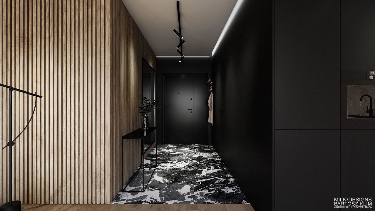 projekt wnętrza luksusowego apartamentu – przedpokój z marmurową podłogą i drewnem na ścianach - MILK DESIGNS PROJEKTOWANIE WNĘTRZ
