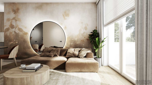 elegancki mikro apartament mieszkanie w skandynawskim eko stylu projektowanie aranżacja architekt wnętrz drewniana kuchnia drewniane listewki na ścianę