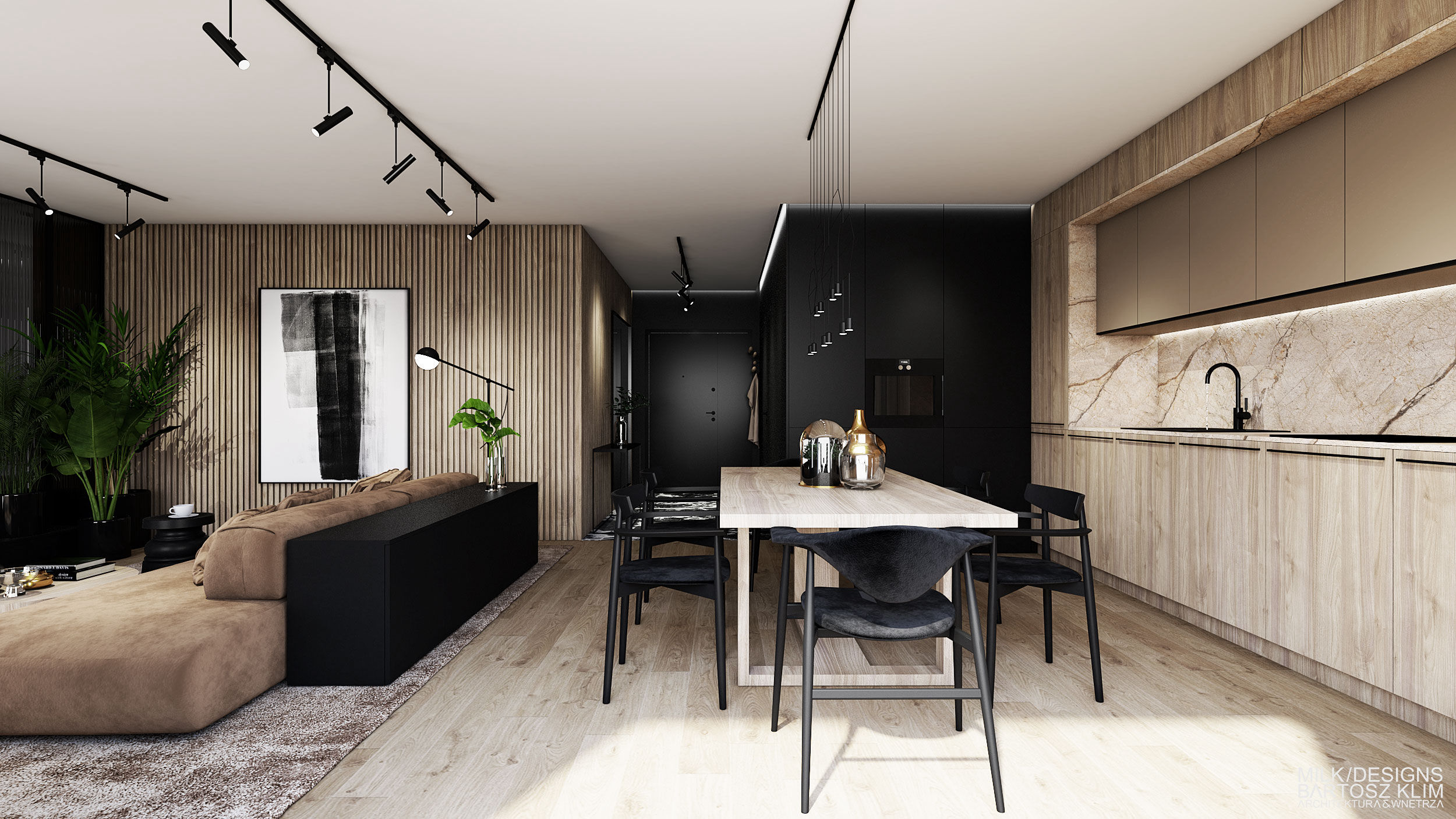 projekt wnętrza luksusowego apartamentu - jadalnia w drewnianym stołem i czarnymi krzesłami- MILK DESIGNS PROJEKTOWANIE WNĘTRZ