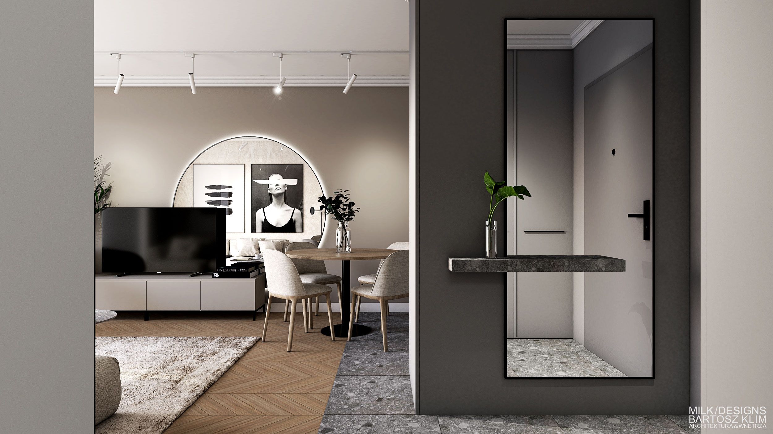 nowoczesne mieszkanie kobiece architekt wnętrz projektowanie przedpokój lastryko lustro w salonie beżowe jodełka francuska panele