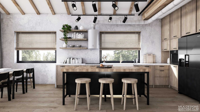elegancki mikro apartament mieszkanie w skandynawskim eko stylu projektowanie aranżacja architekt wnętrz drewniana kuchnia drewniane listewki na ścianę