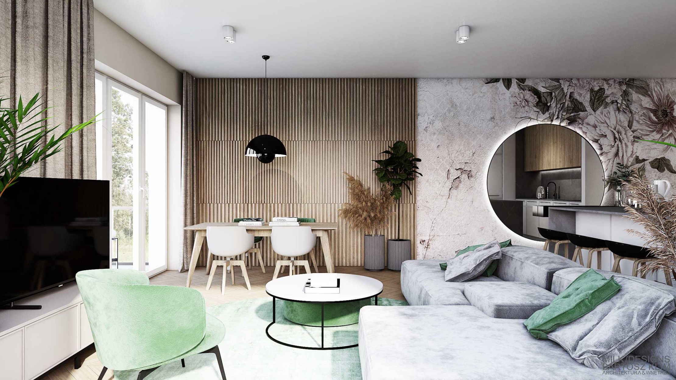 Projekt wnętrza nowoczesnego mieszkania z akcentem zieleni