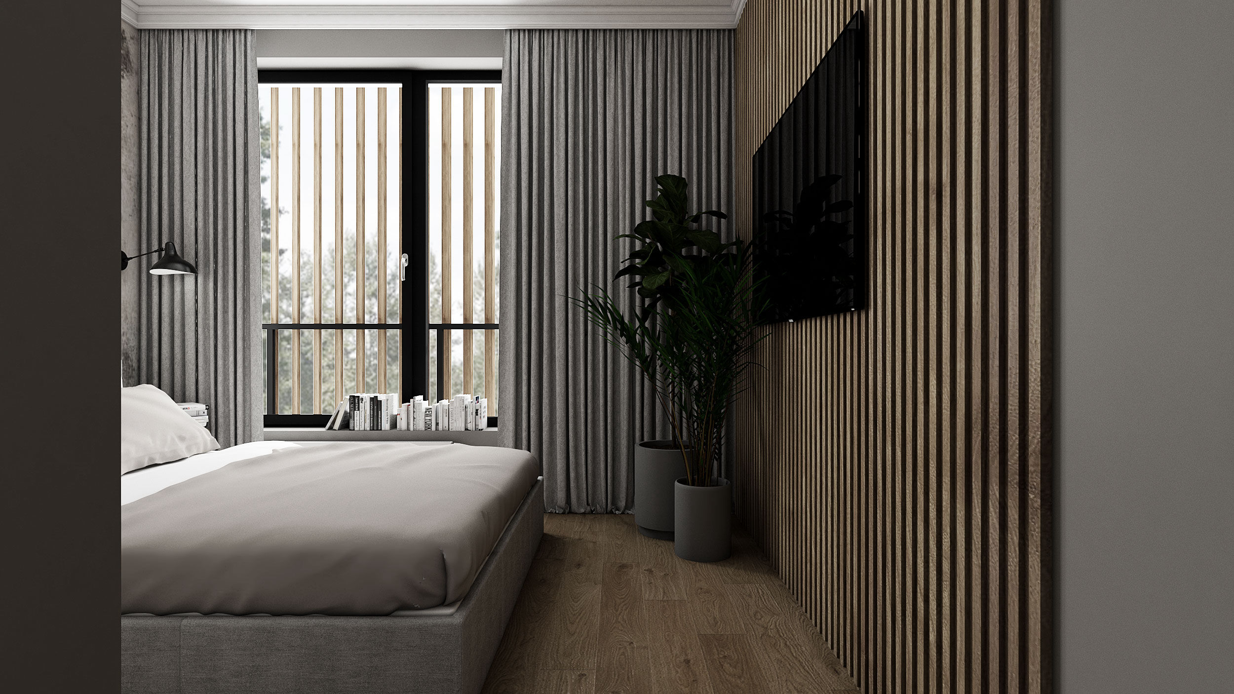 projekt wnętrza luksusowego mikro apartamentu w gdańsku sypialnia z szarym tapicerowanym łóżkiem i drewnem i tapetą na ścianach w stylu skandynawskim mid-century modern
