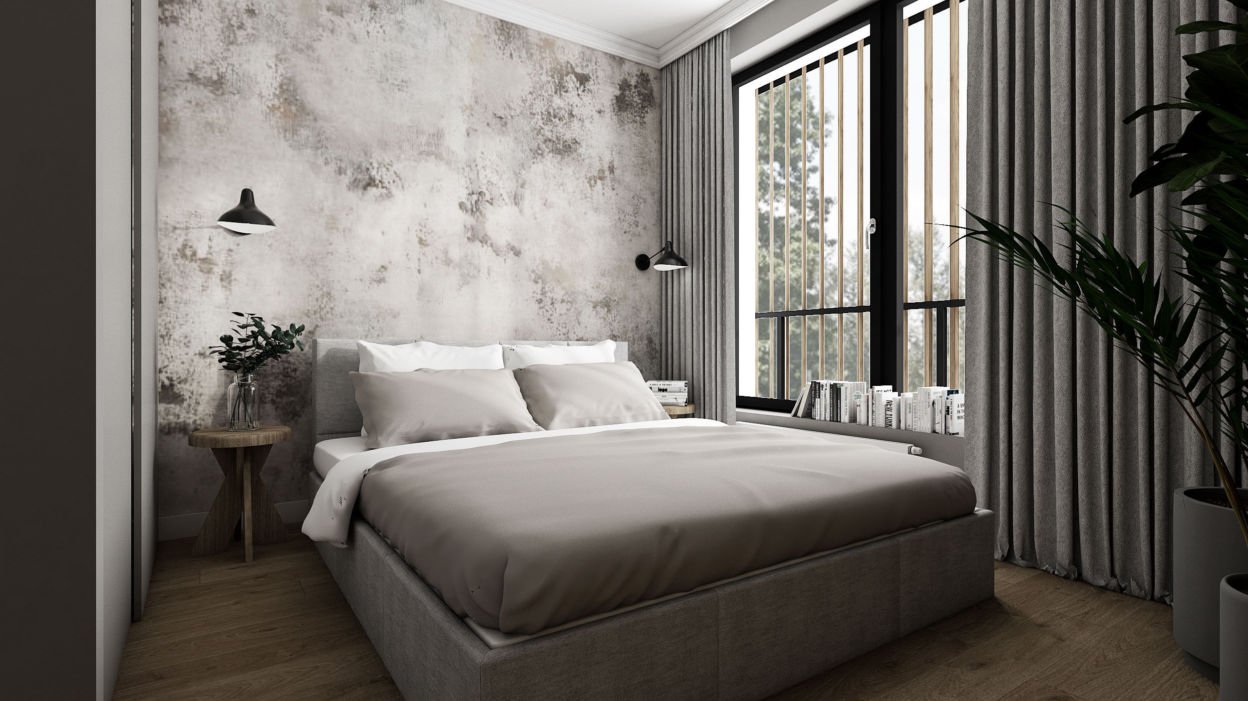 projekt wnętrza luksusowego mikro apartamentu w gdańsku sypialnia z szarym tapicerowanym łóżkiem i drewnem i tapetą na ścianach w stylu skandynawskim mid-century modern