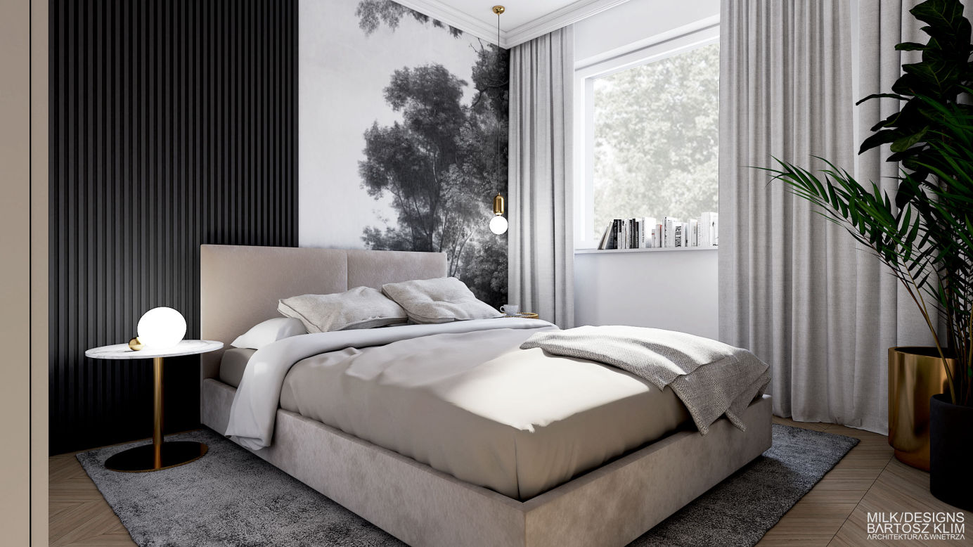 projekt wnętrza kobiecego mieszkania – sypialnia z beżowym łóżkiem tapicerowanym i tapetą  - MILK DESIGNS PROJEKTOWANIE WNĘTRZ
