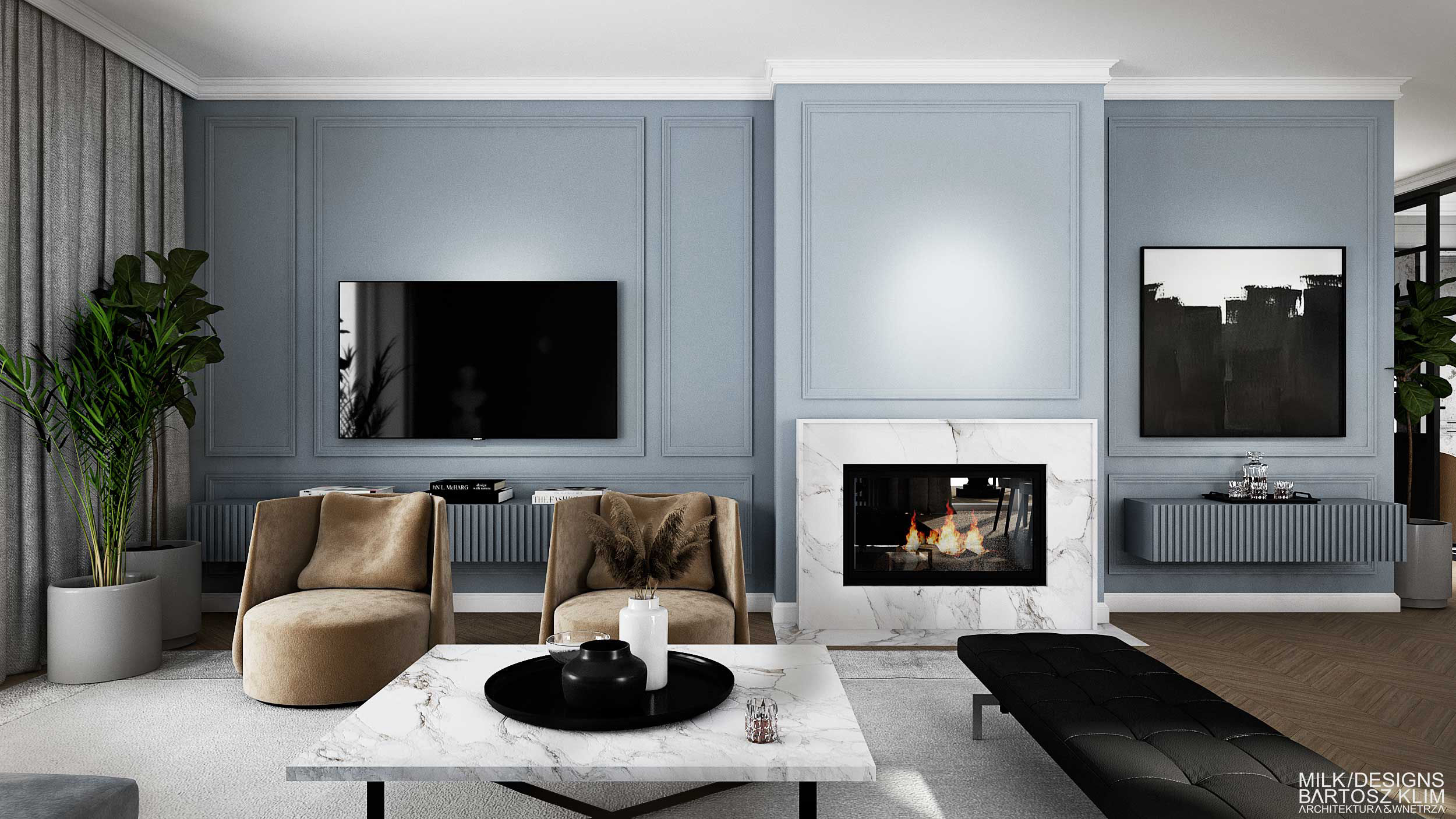 wnętrze domu w stylu nowojorskim. Niebieska kanapa na tle klasycznej sztukaterii
