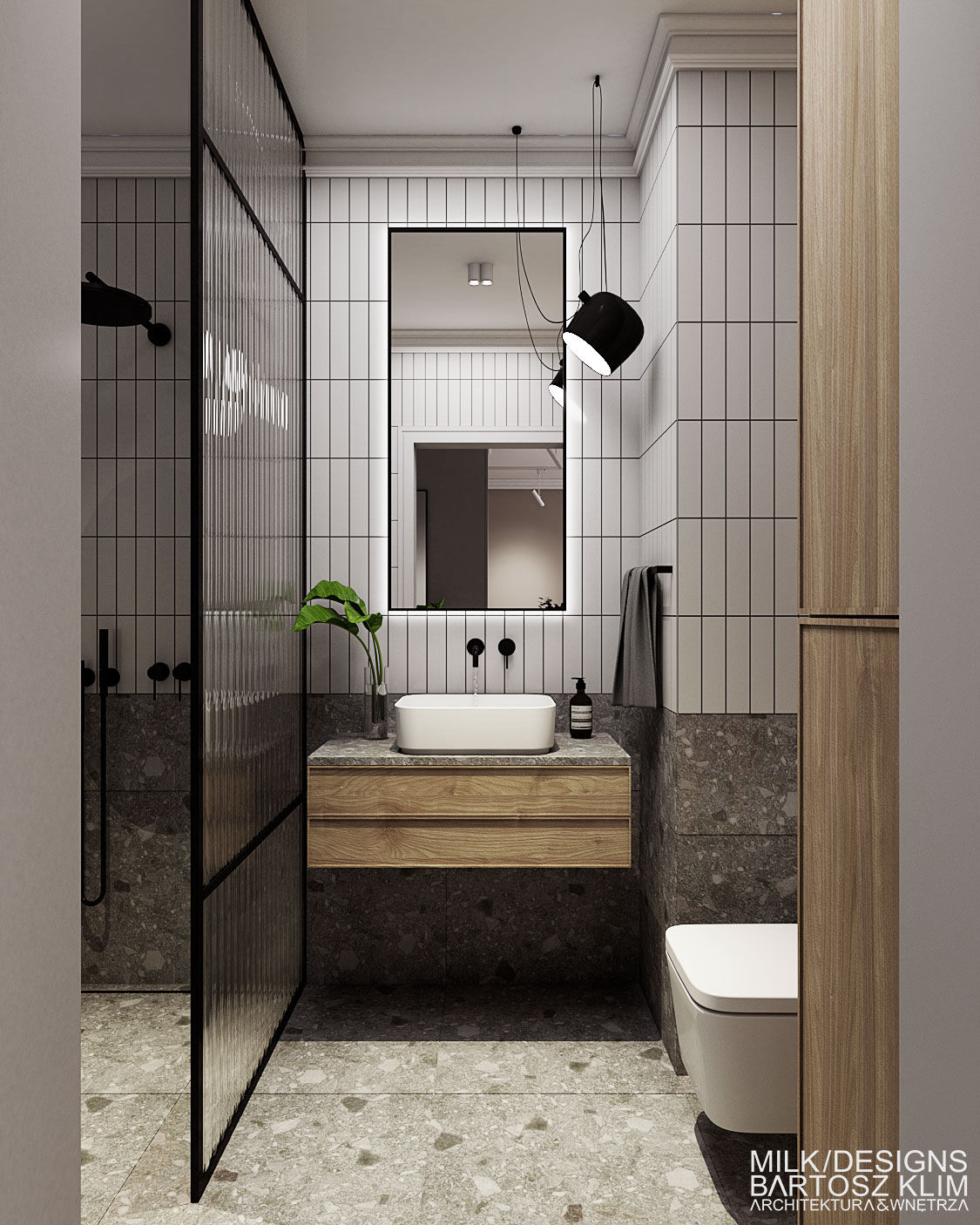 projekt wnętrza kobiecego mieszkania – łazienka z kaflami lastryko i elementami z drewna  - MILK DESIGNS PROJEKTOWANIE WNĘTRZ