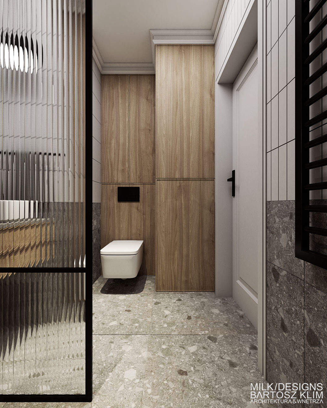 projekt wnętrza kobiecego mieszkania – łazienka z kaflami lastryko i elementami z drewna  - MILK DESIGNS PROJEKTOWANIE WNĘTRZ