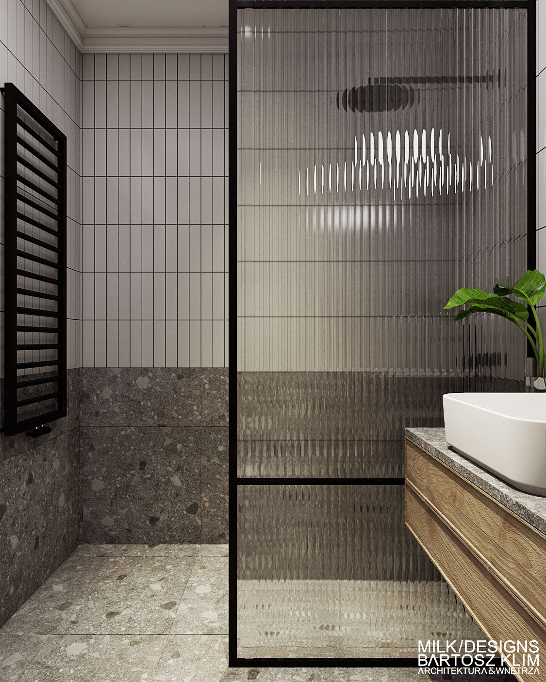 projekt wnętrza kobiecego mieszkania – łazienka z kaflami lastryko i loftową kabiną prysznicową  - MILK DESIGNS PROJEKTOWANIE WNĘTRZ