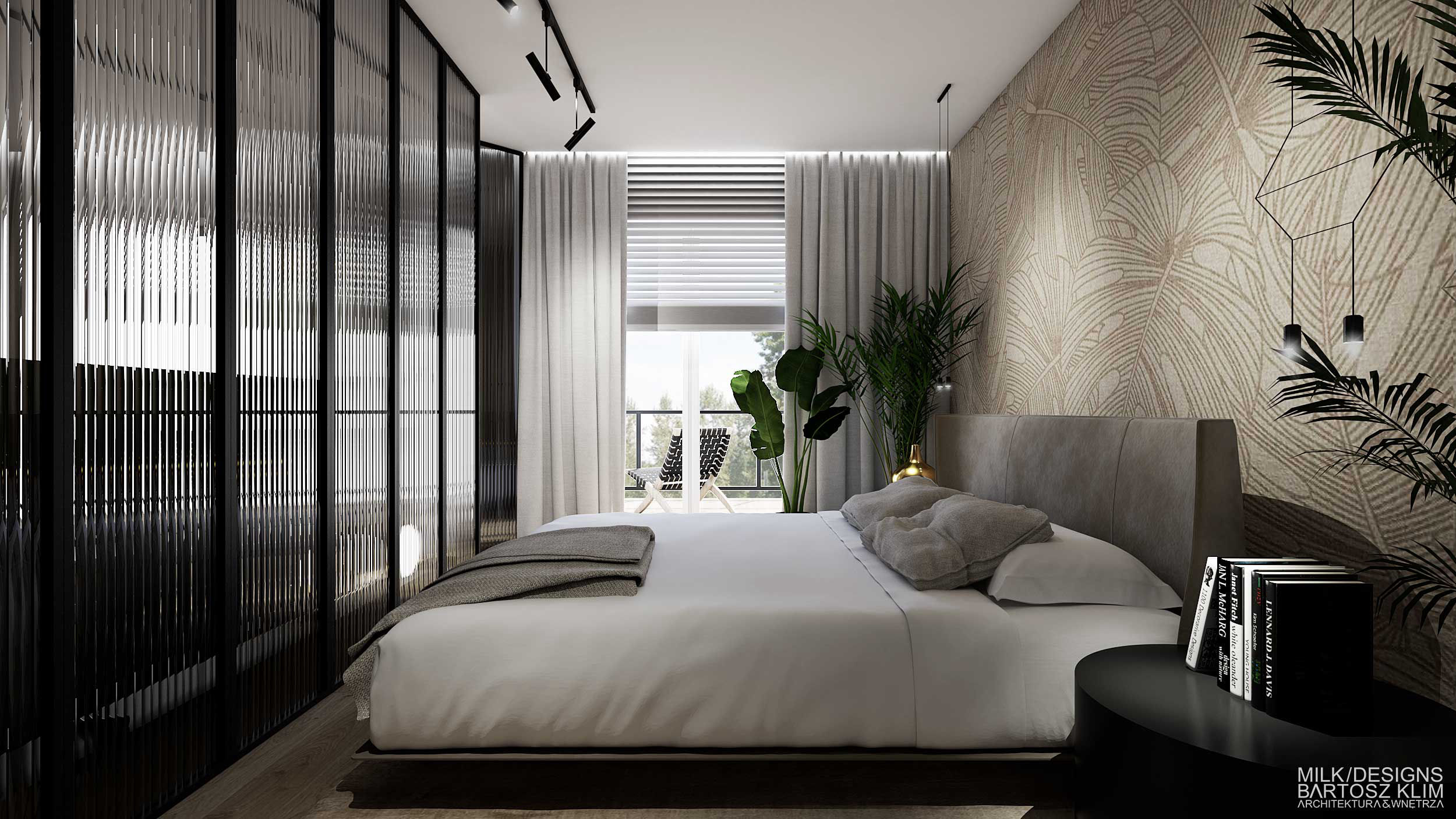 projekt wnętrza luksusowego apartamentu - sypialnia z bezowym tapicerowanym łózkiem i lustrzaną szafą - MILK DESIGNS PROJEKTOWANIE WNĘTRZ