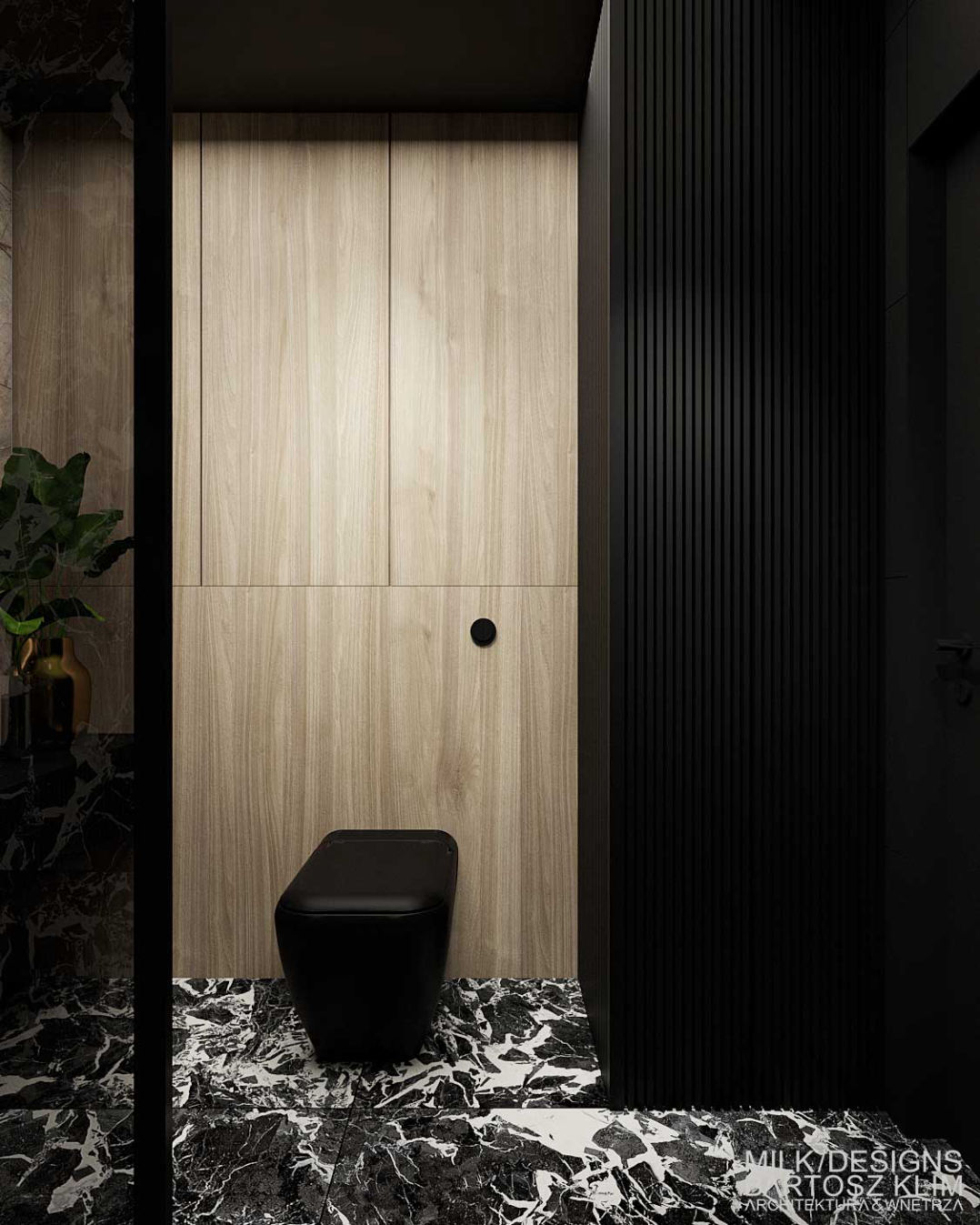 projekt wnętrza luksusowego apartamentu – łazienka w czarnym i białym marmurze z elementami bębowego drewna - MILK DESIGNS PROJEKTOWANIE WNĘTRZ