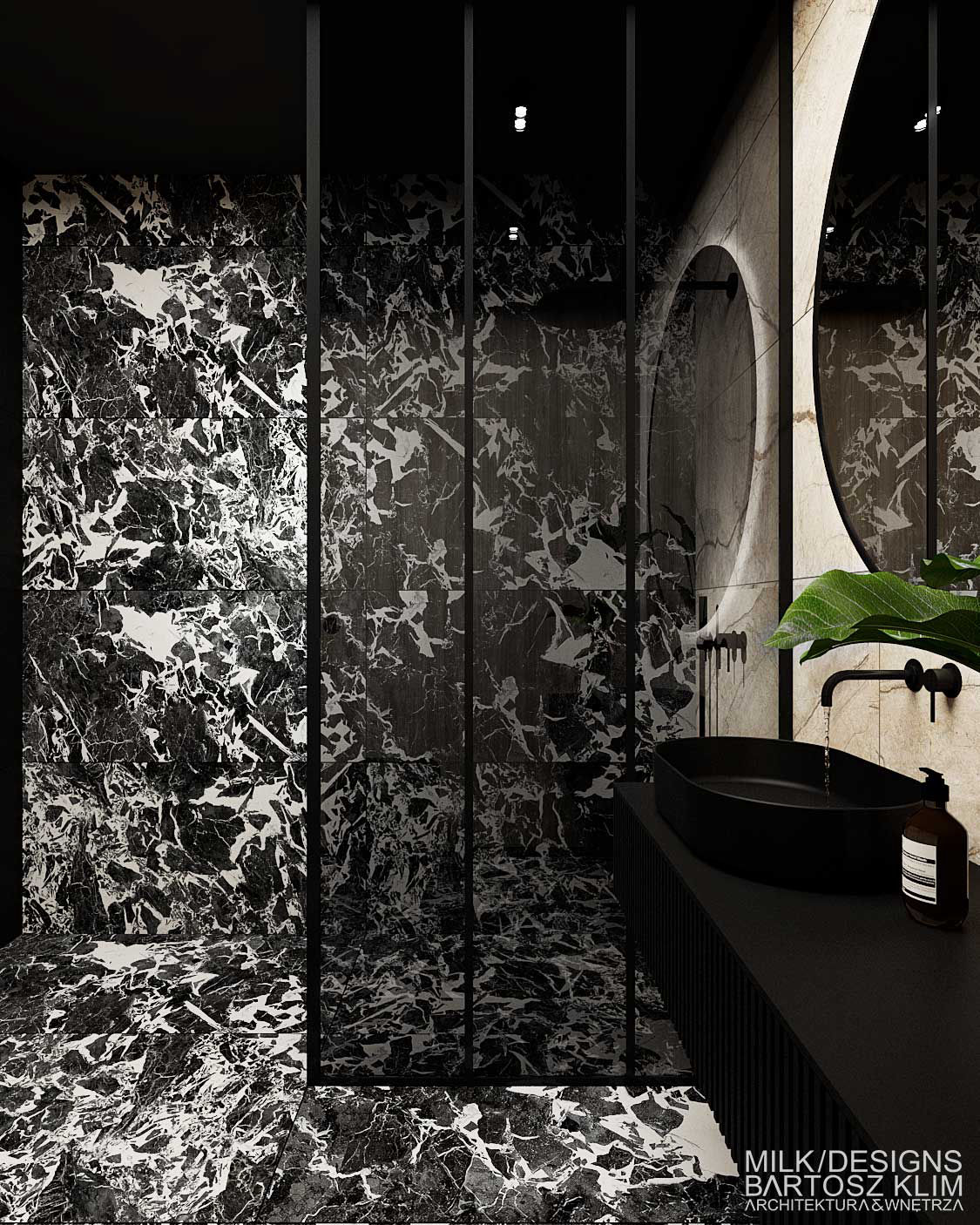 projekt wnętrza luksusowego apartamentu – łazienka w czarnym i białym marmurze z elementami bębowego drewna - MILK DESIGNS PROJEKTOWANIE WNĘTRZ