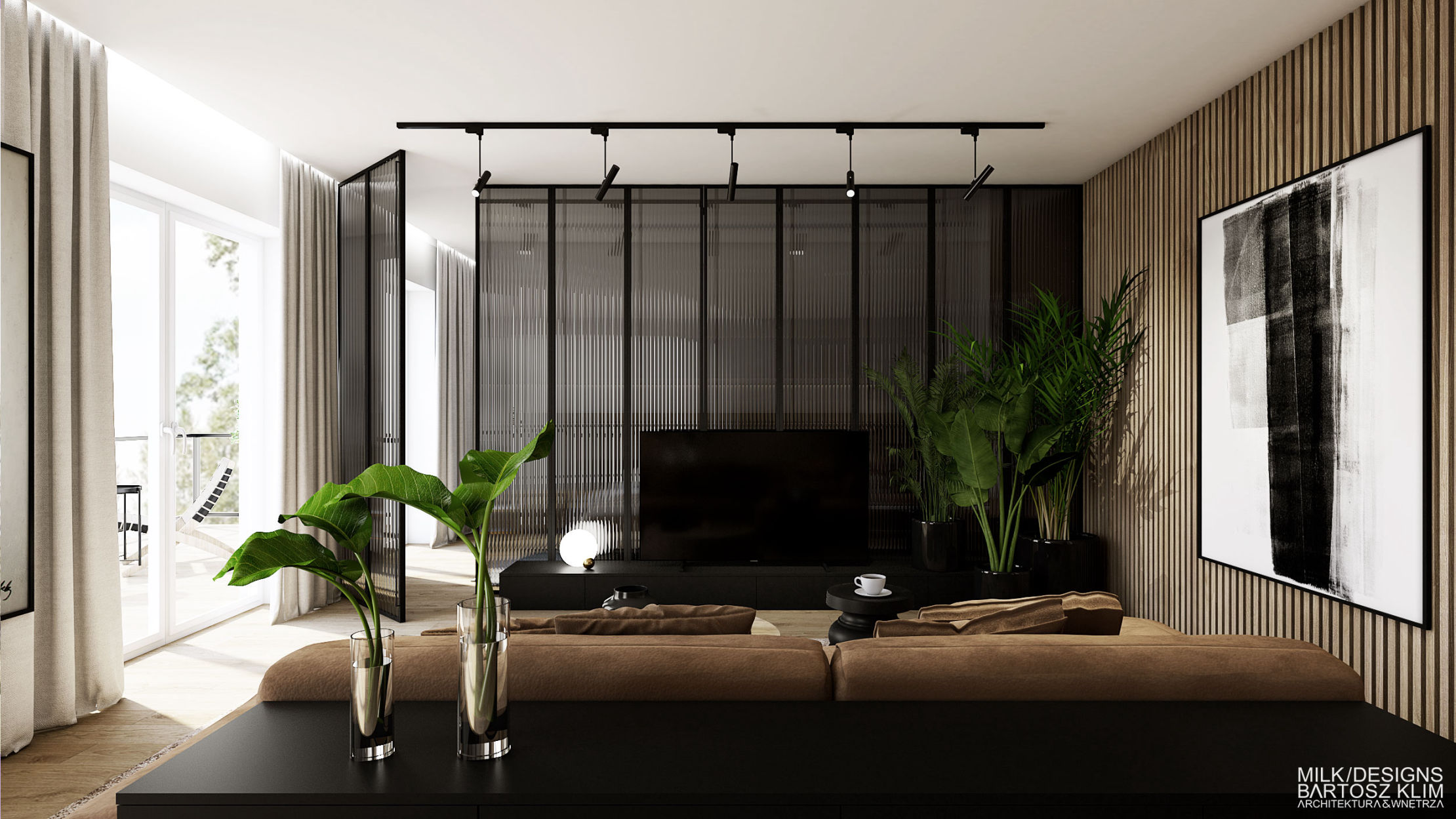 projekt wnętrza luksusowego apartamentu - szklana ścianka działowa lofotwa ze stali i szkła w salonie - MILK DESIGNS PROJEKTOWANIE WNĘTRZ