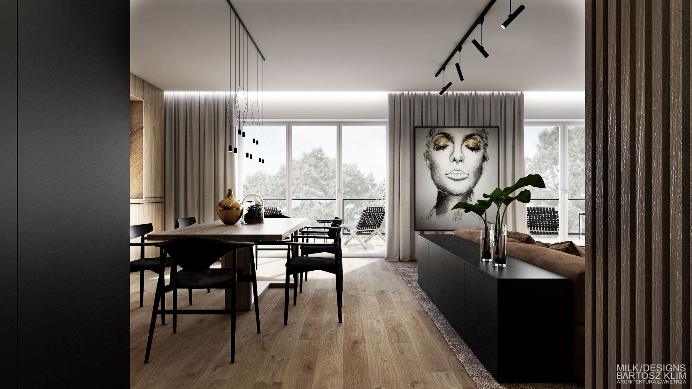 projekt wnętrza luksusowego apartamentu - jadalnia w drewnianym stołem i czarnymi krzesłami- MILK DESIGNS PROJEKTOWANIE WNĘTRZ
