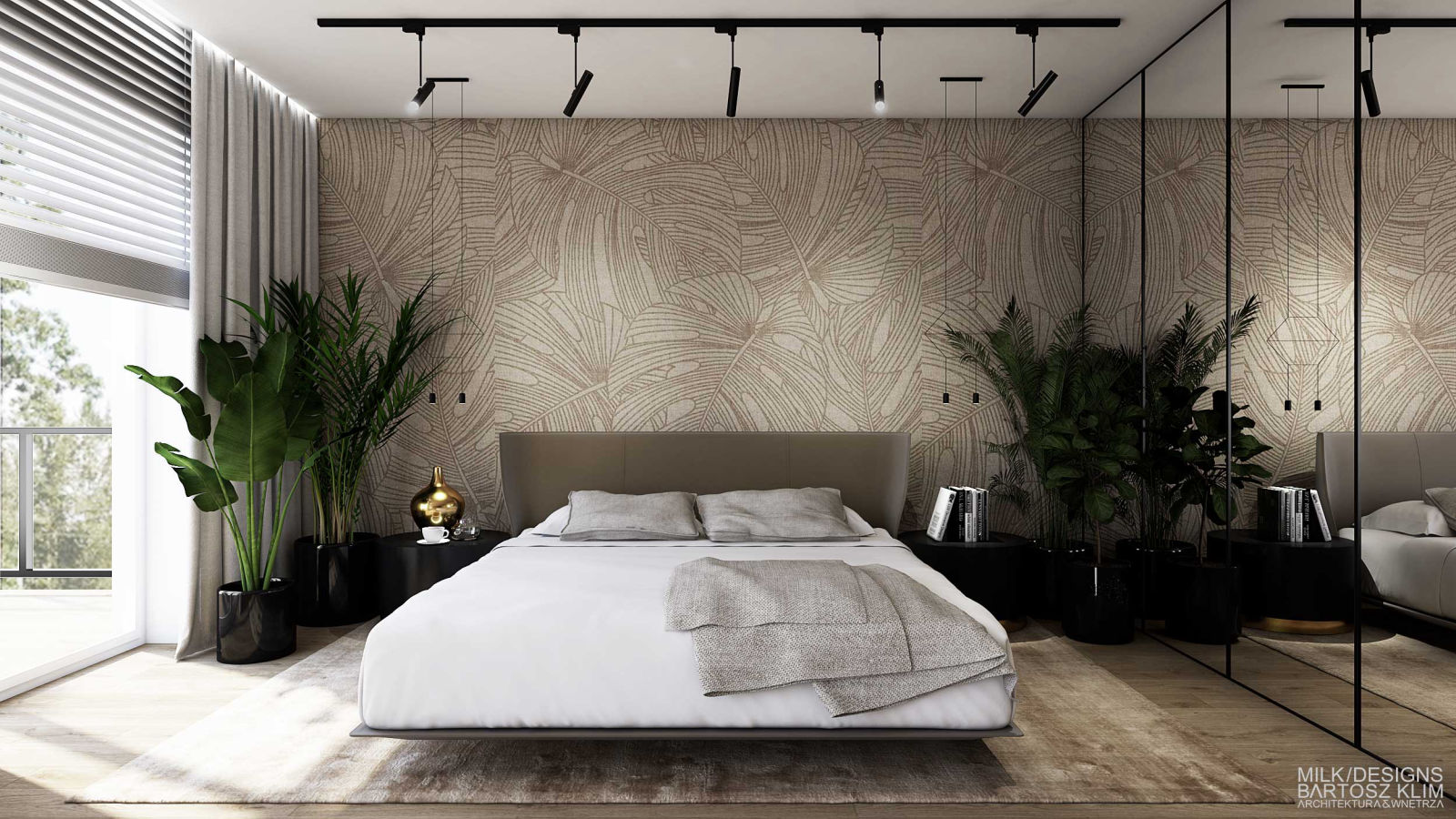 projekt wnętrza luksusowego apartamentu - sypialnia z bezowym tapicerowanym łózkiem i lustrzaną szafą - MILK DESIGNS PROJEKTOWANIE WNĘTRZ